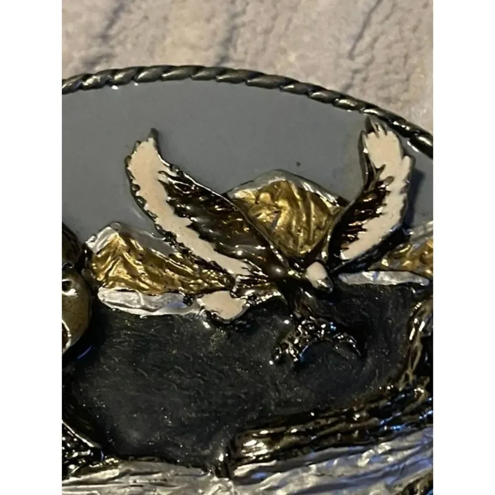 Vintage 1989 Intricate American Bald Eagle Belt Buckle Colorful Made in USA